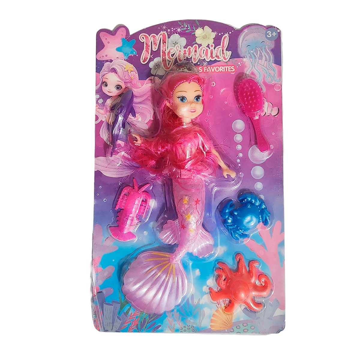 GENERICO - Muñeca Princesa Sirena Con Peine + Animales Marinos Juguete