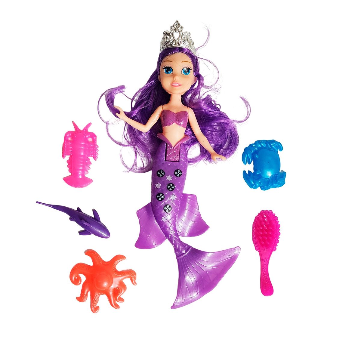 GENERICO - Muñeca Princesa Sirena Con Peine + Animales Marinos Juguete