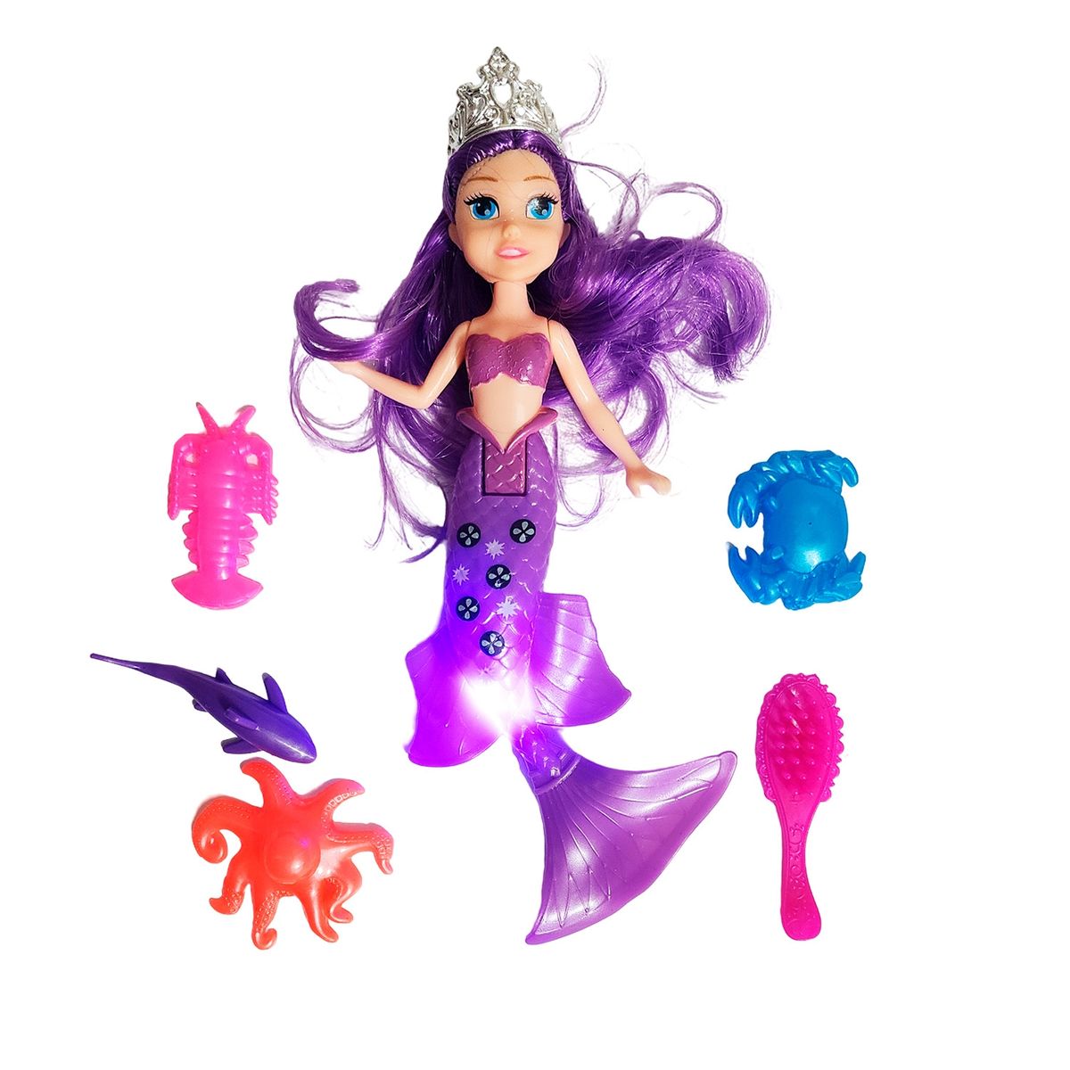 GENERICO - Muñeca Princesa Sirena Con Peine + Animales Marinos Juguete