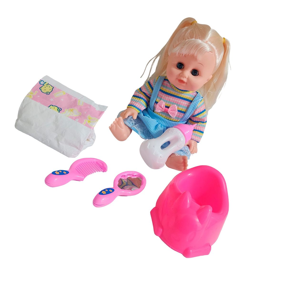 GENERICO - Muñeca Bebe Vestido Con Pañal Bacinilla + Accesorios Belleza