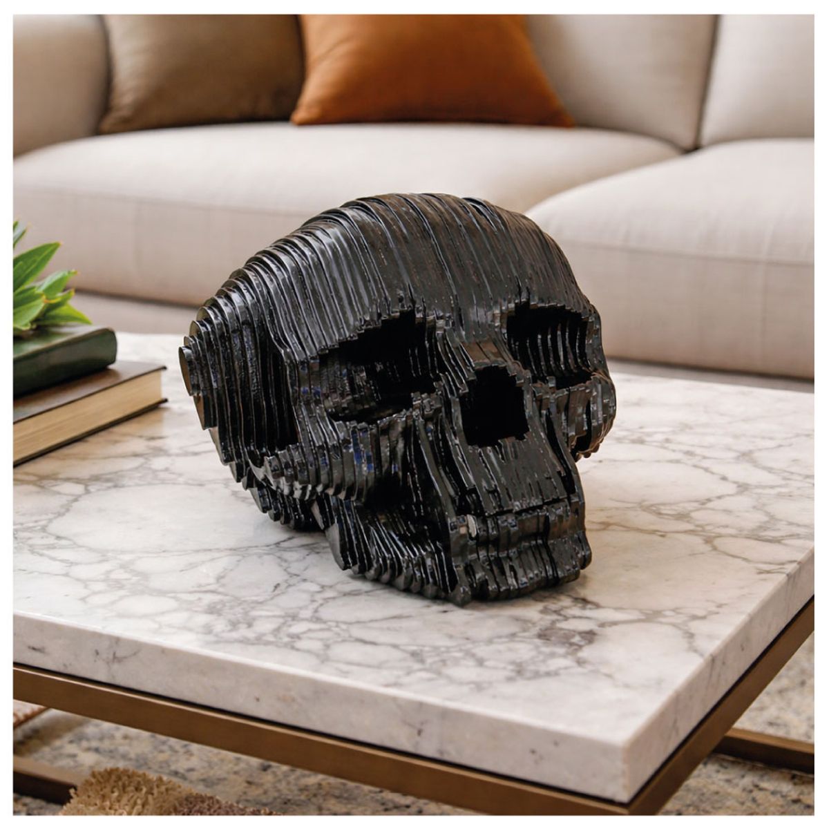 TIZZY DISEÑO - Escultura De Calavera Decorativa Negra En Plano Seriado