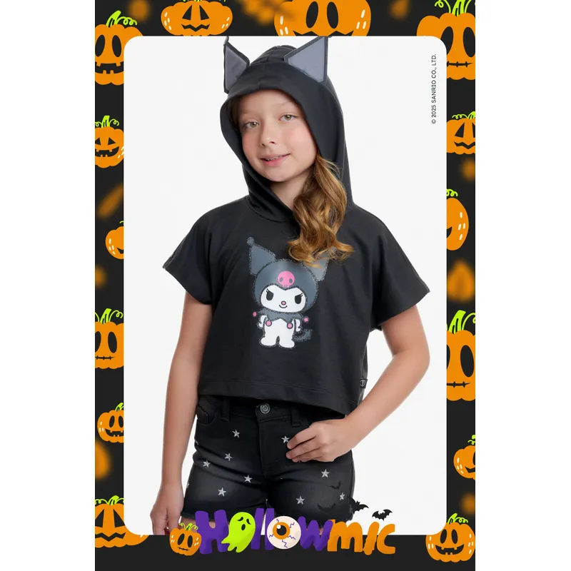SANRIO - Camiseta de Kuromi con capucha negro para niña.