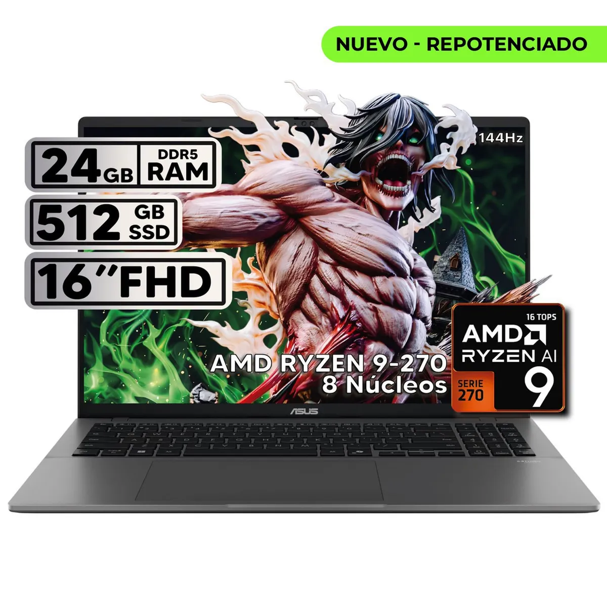 ASUS - PORTÁTIL ASUS 16″ RYZEN 9 24GB RAM 512GB SSD WUXGA GRIS + KASPERSKY