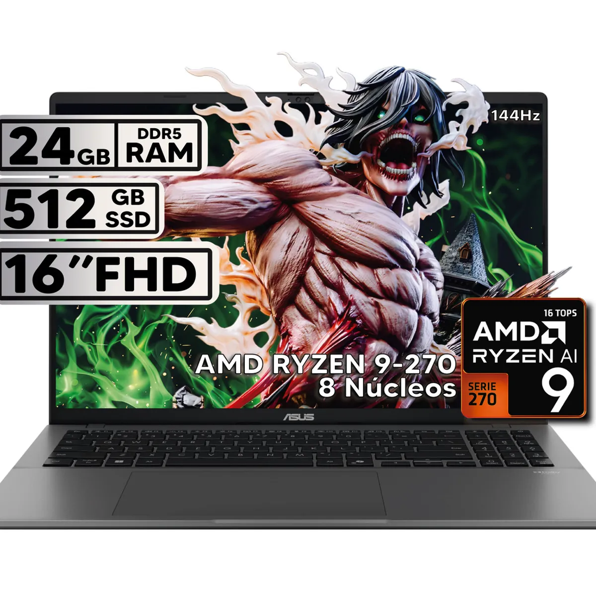 ASUS - PORTÁTIL ASUS 16″ RYZEN 9 24GB RAM 512GB SSD WUXGA GRIS + KASPERSKY