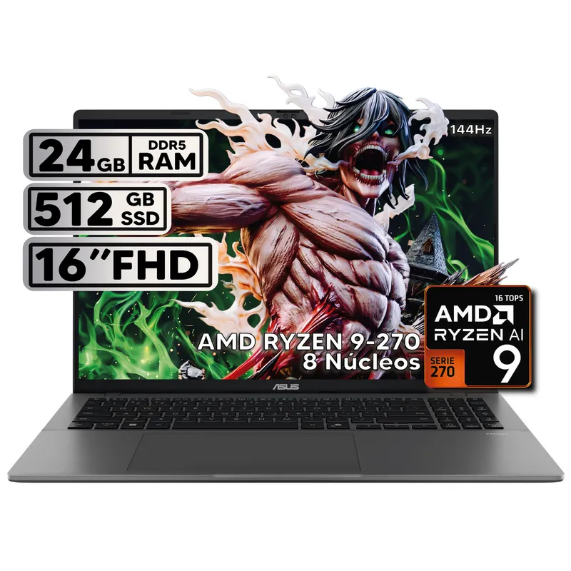 ASUS - PORTÁTIL ASUS 16″ RYZEN 9 24GB RAM 512GB SSD WUXGA GRIS + KASPERSKY