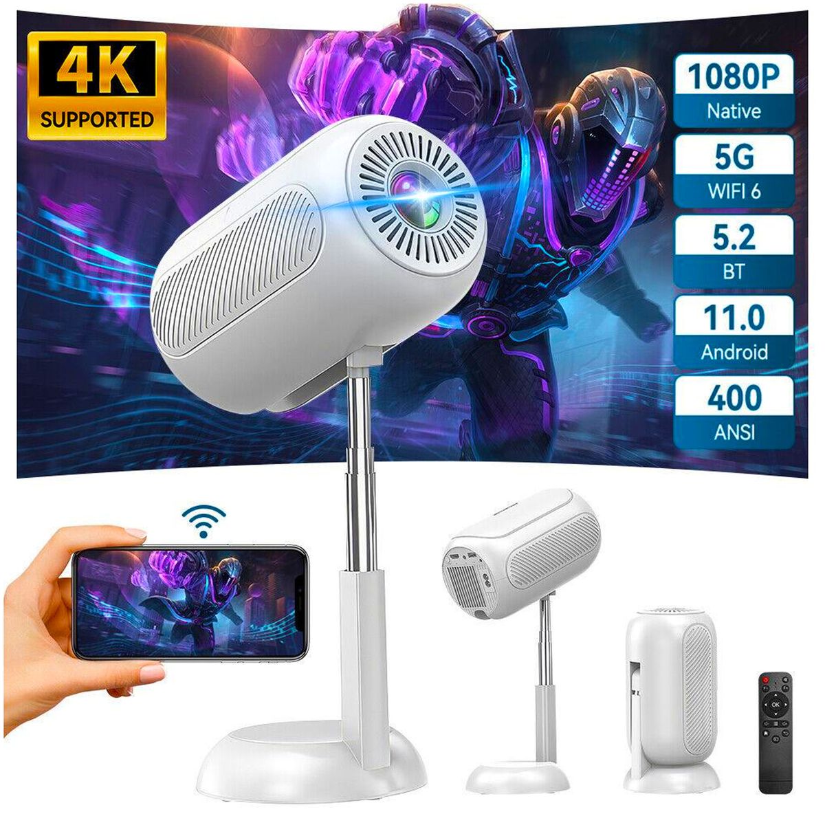 ONE PIXEL - Mini Proyector Portatil Con Soporte 4K FULL HD Plegable WIFI