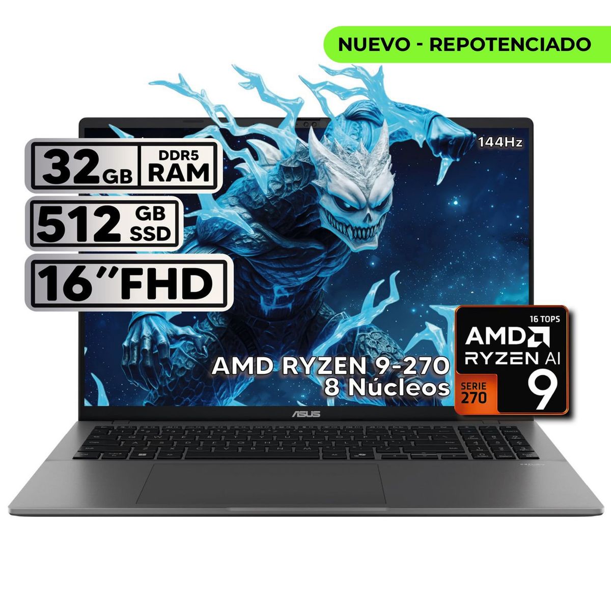 ASUS - PORTÁTIL ASUS 16″ RYZEN 9 32GB RAM 512GB SSD WUXGA GRIS + KASPERSKY