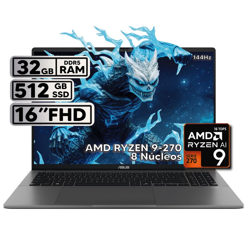 ASUS - PORTÁTIL ASUS 16″ RYZEN 9 32GB RAM 512GB SSD WUXGA GRIS + KASPERSKY