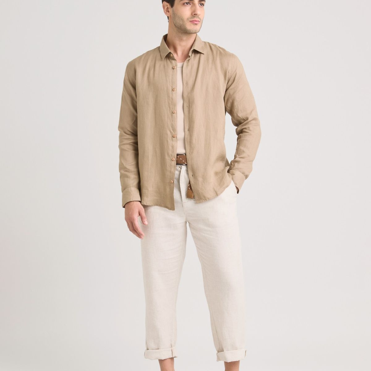 VELEZ - Vélez Camisa Manga Larga En Lino Hombre Silueta Semi Ajustada Canela