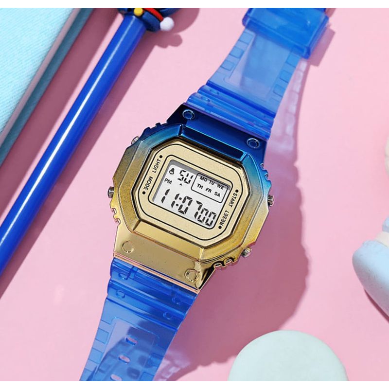 DIGITAL - RELOJ AZUL TORNASOL CUADRADO DIGITAL DEPORTIVO PARA MUJER + CAJA