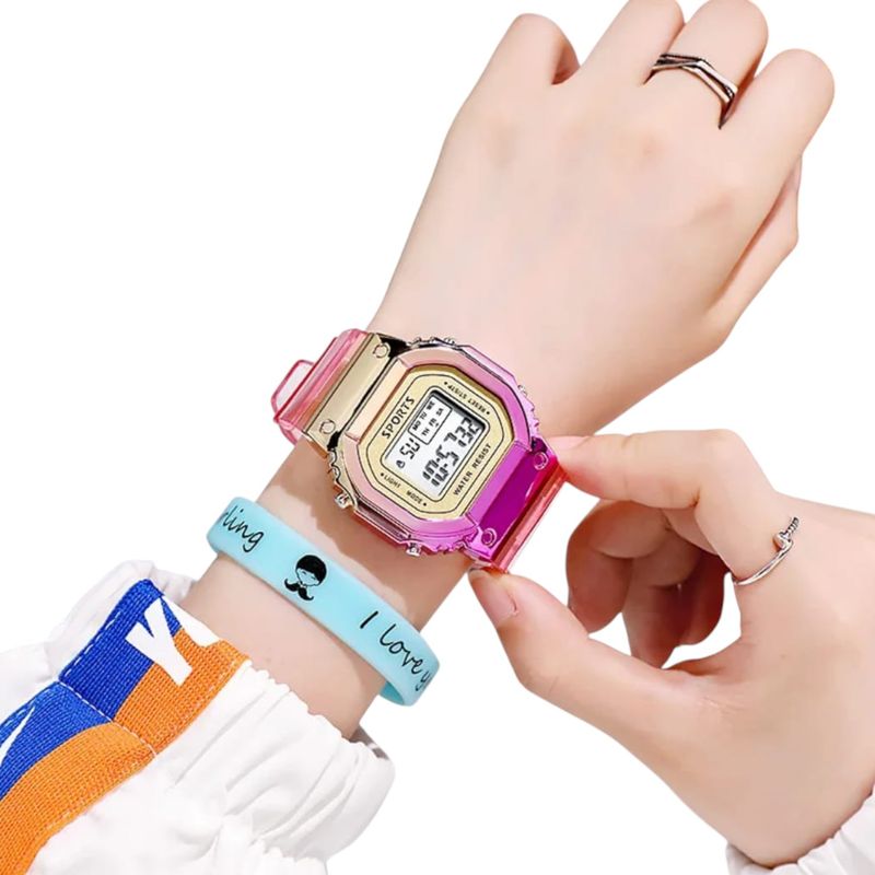 DIGITAL - RELOJ ROSADO TORNASOL CUADRADO DIGITAL DEPORTIVO PARA MUJER + CAJA