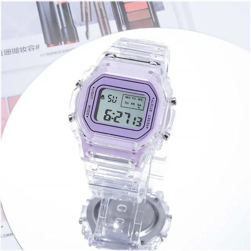 DIGITAL - RELOJ TRANSPARENTE LILA CUADRADO DIGITAL DEPORTIVO PARA MUJER + CAJA