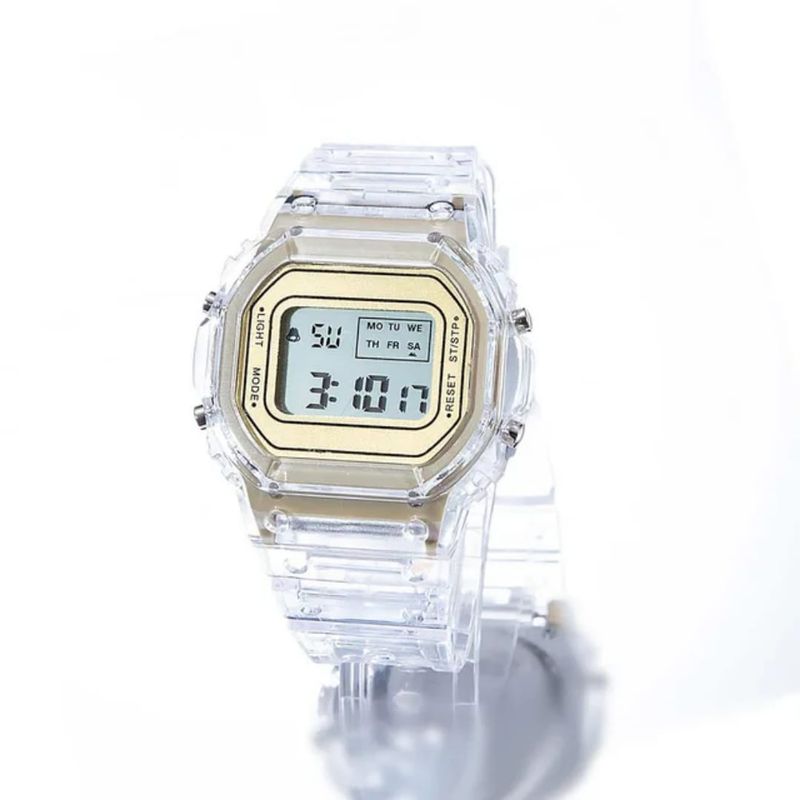DIGITAL - RELOJ TRANSPARENTE DORADO CUADRADO DIGITAL DEPORTIVO PARA MUJER + CAJA