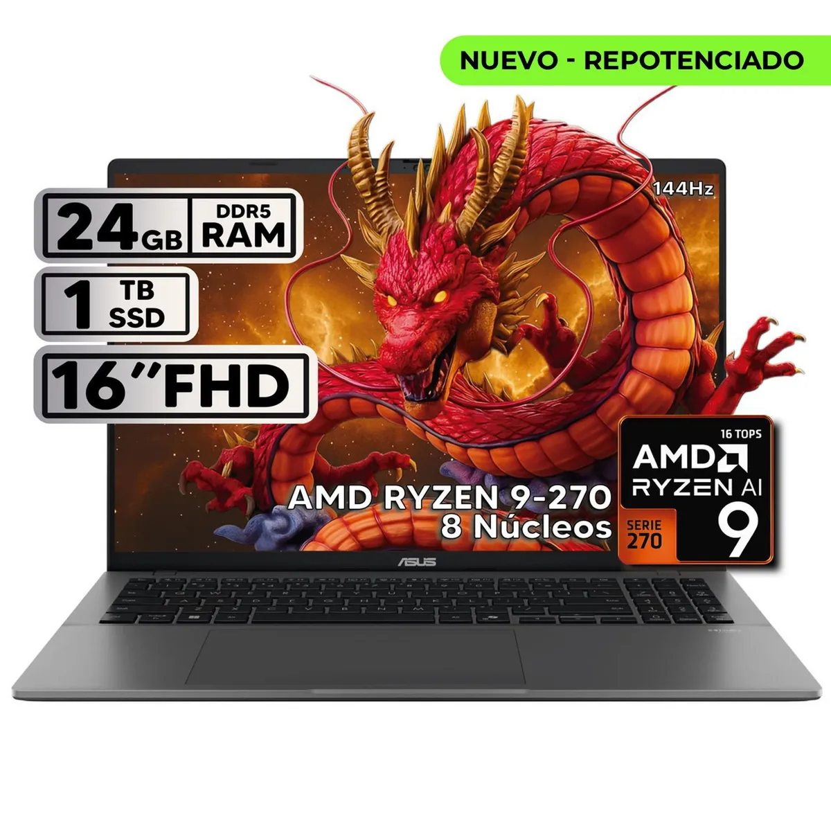 ASUS - PORTÁTIL ASUS 16″ RYZEN 9 24GB RAM 1TB SSD WUXGA GRIS + KASPERSKY