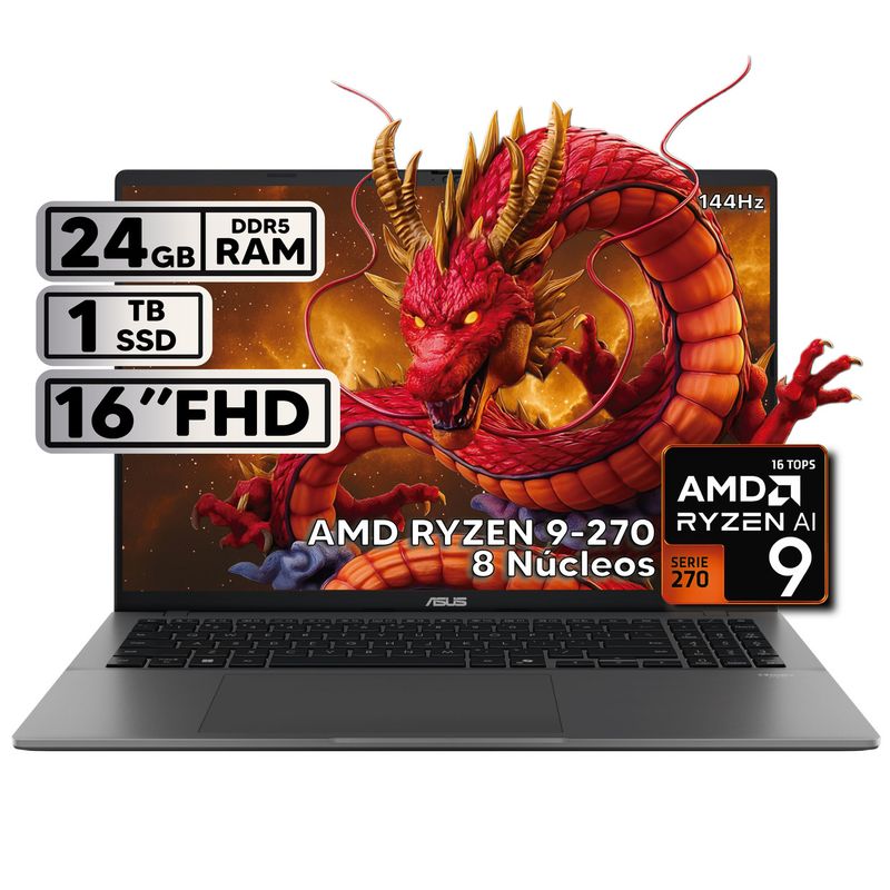 ASUS - PORTÁTIL ASUS 16″ RYZEN 9 24GB RAM 1TB SSD WUXGA GRIS + KASPERSKY