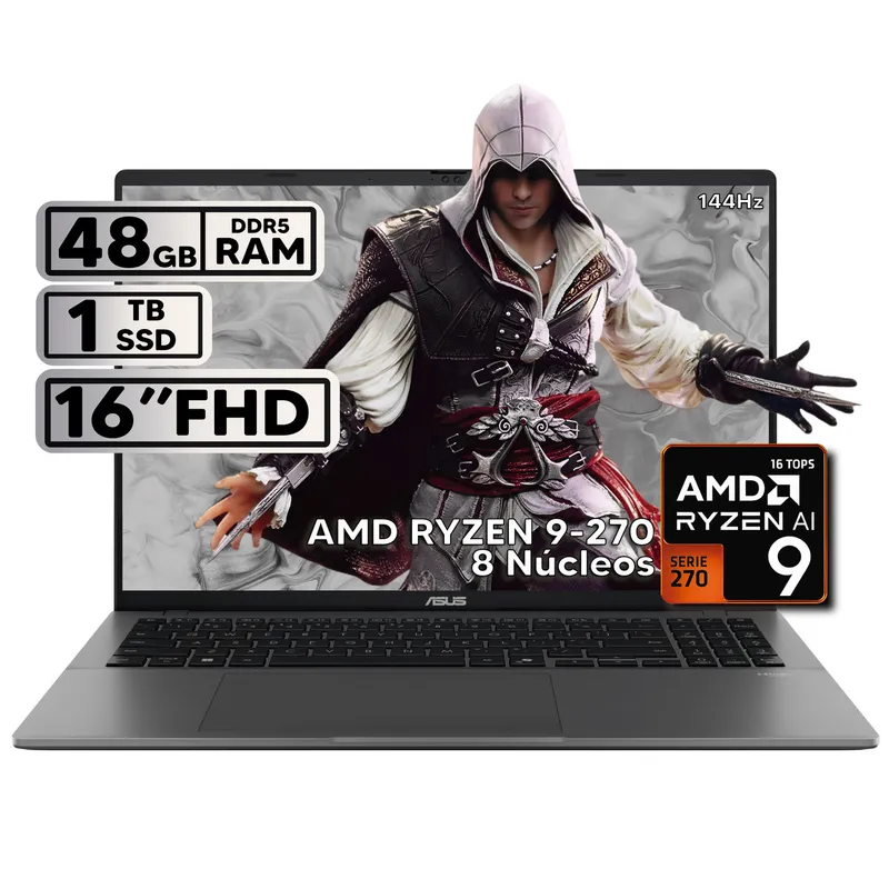 ASUS - PORTÁTIL ASUS 16″ RYZEN 9 48GB RAM 1TB SSD WUXGA GRIS + KASPERSKY