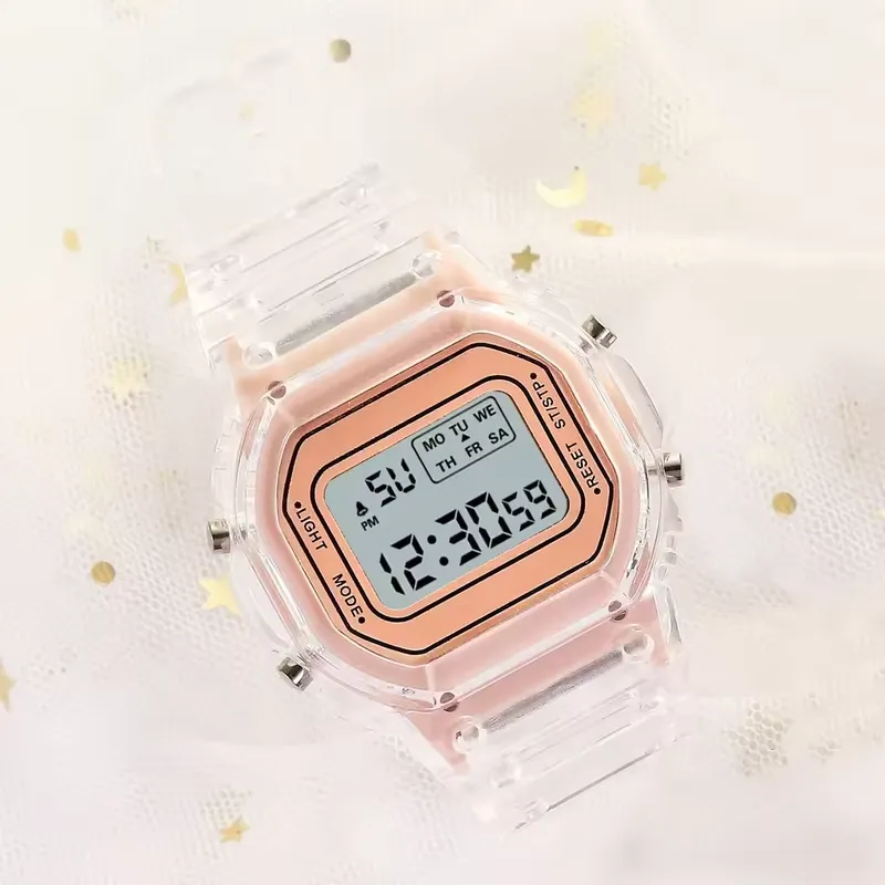 DIGITAL - RELOJ TRANSPARENTE ORO ROSA CUADRADO DIGITAL DEPORTIVO PARA MUJER