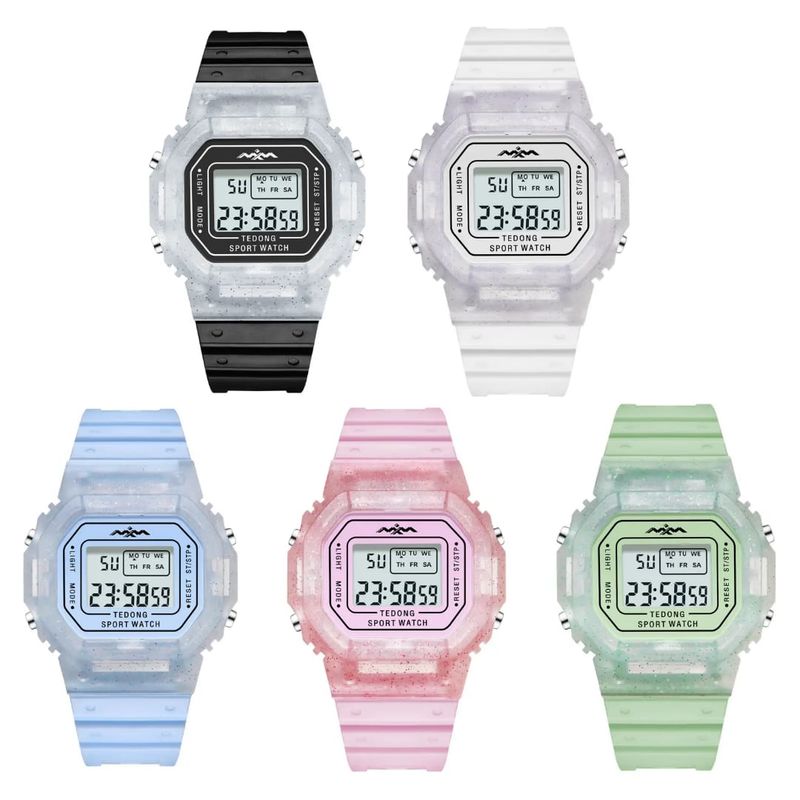 DIGITAL - RELOJ ROSADO ESCARCHA CUADRADO DIGITAL DEPORTIVO PARA MUJER + CAJA