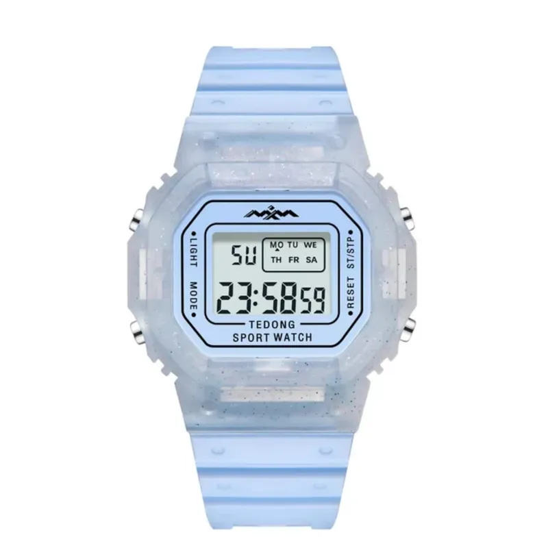 DIGITAL - RELOJ AZUL ESCARCHA CUADRADO DIGITAL DEPORTIVO PARA MUJER + CAJA