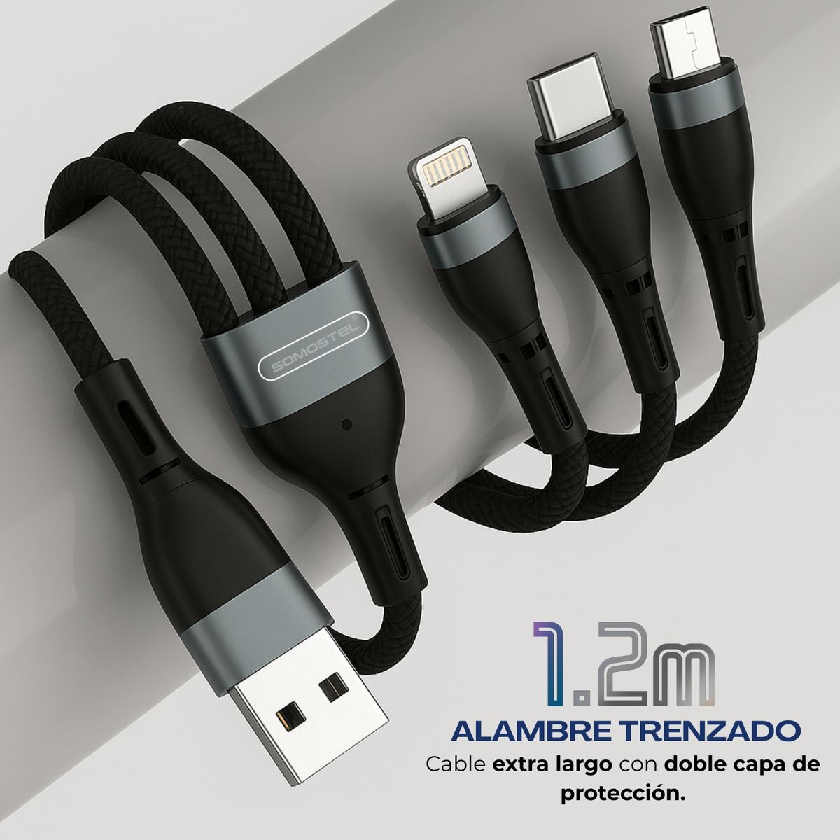 TECH - Cargador 3 En 1 Carga Rápida Usb/lighting/microusb/usb-c- Negro