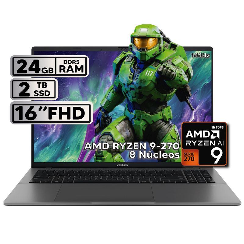 ASUS - PORTÁTIL ASUS 16″ RYZEN 9 24 GB RAM 2TB SSD WUXGA GRIS + KASPERSKY