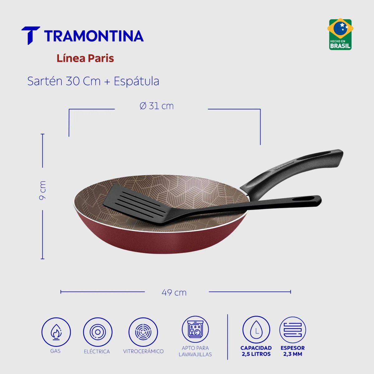 TRAMONTINA - Sartén Tramontina Paris en Aluminio con Revestimiento Interno y Externo con Antiadherente Starflon Max Rojo con Espátula de Nylon 30 cm 2,5 L