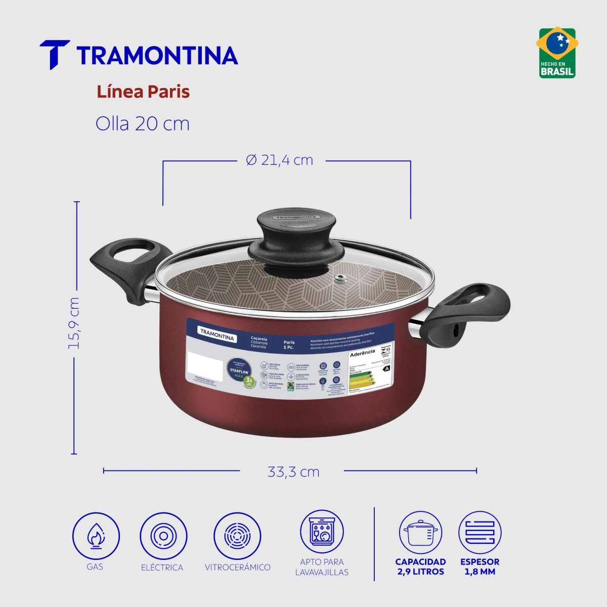 TRAMONTINA - Cacerola Tramontina Paris en Aluminio con Revestimiento Interno y Externo Antiadherente Starflon Max Rojo con Tapa de Vidrio 20 cm 2,9 L