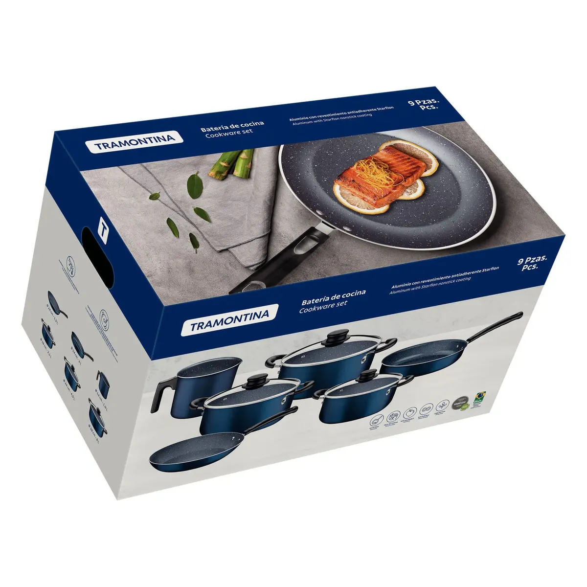 TRAMONTINA - Batería de Cocina Tramontina en Aluminio con Revestimiento Interno y Externo en Antiadherente Starflon Max Azul 9 Piezas