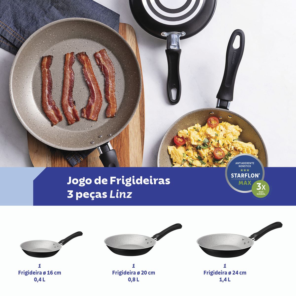 TRAMONTINA - Juego de Sartenes Tramontina Linz en Aluminio con Revestimiento Interno y Externo Antiadherente Starflon Max Negro 03 Piezas