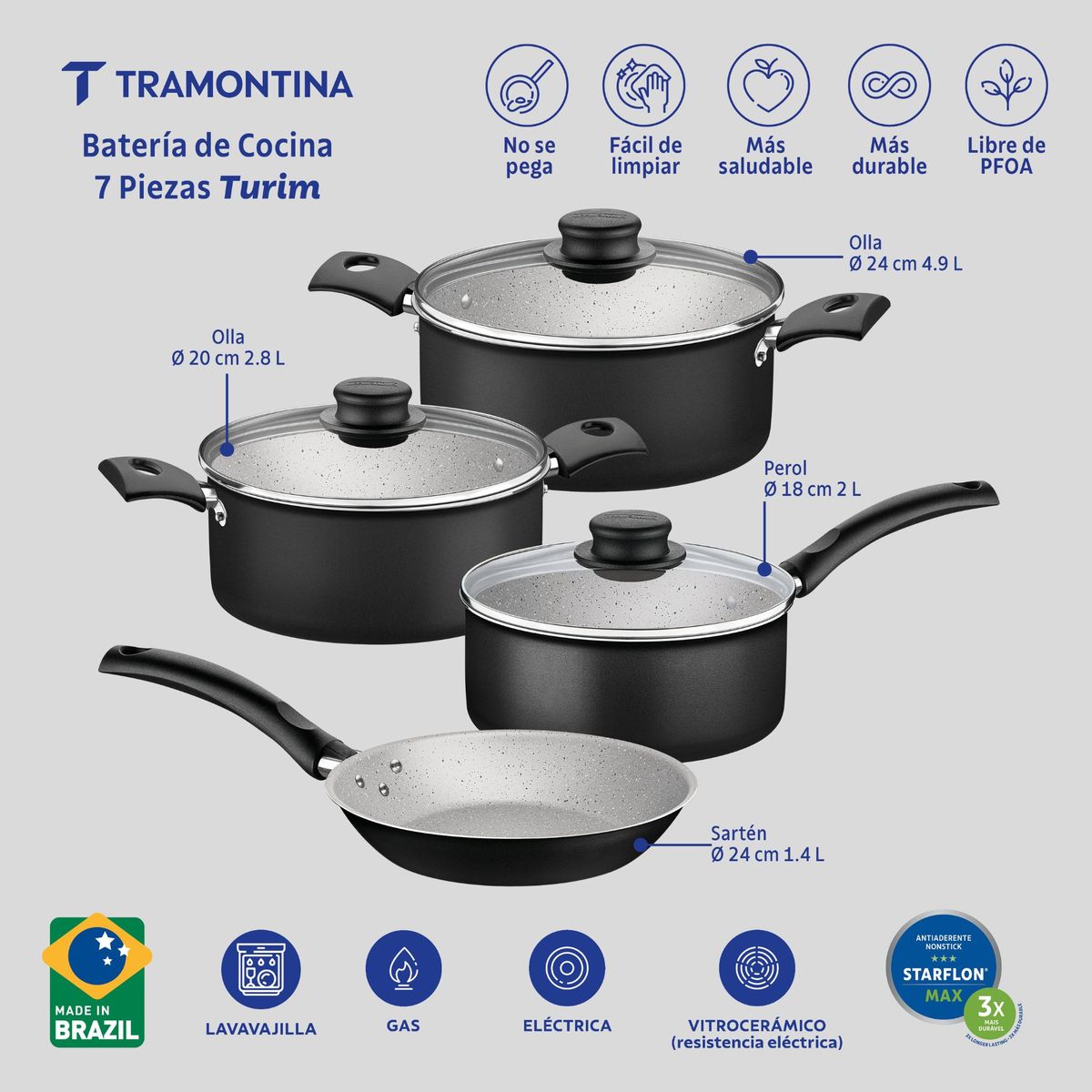 TRAMONTINA - Batería de Cocina Tramontina Turim en Aluminio con Revestimiento Interno y Externo de Antiadherente Starflon Max Negro 07 Piezas