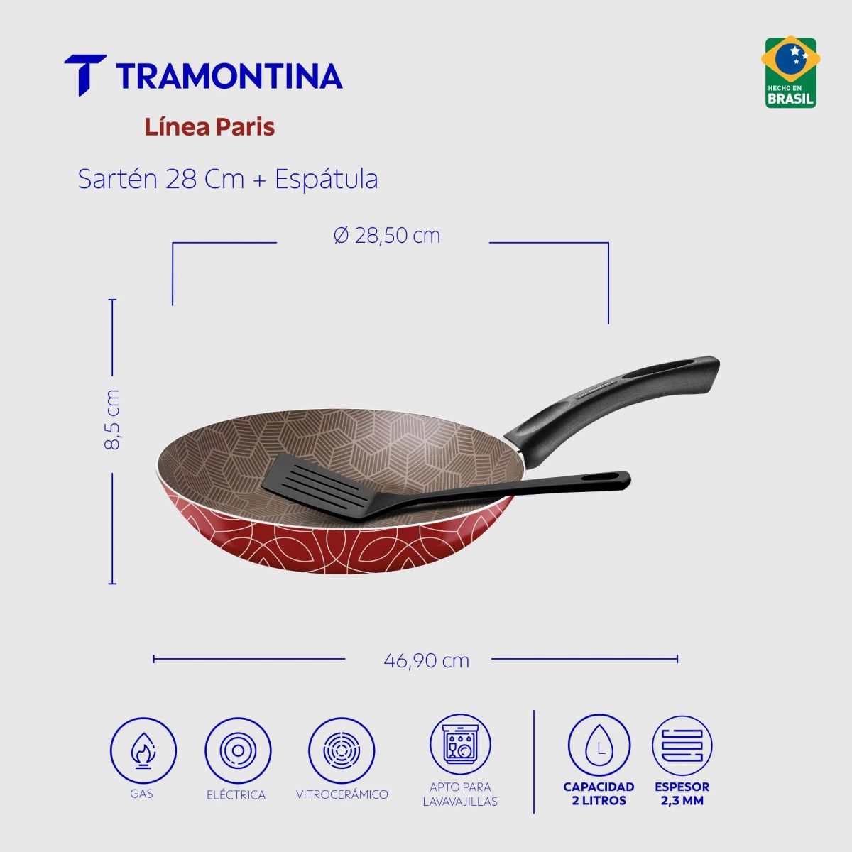 TRAMONTINA - Sartén Tramontina Paris en Aluminio con Revestimiento Interno con Antiadherente Starflon Max y Externo Siliconado Rojo con Espátula de 28 cm 2,0 L