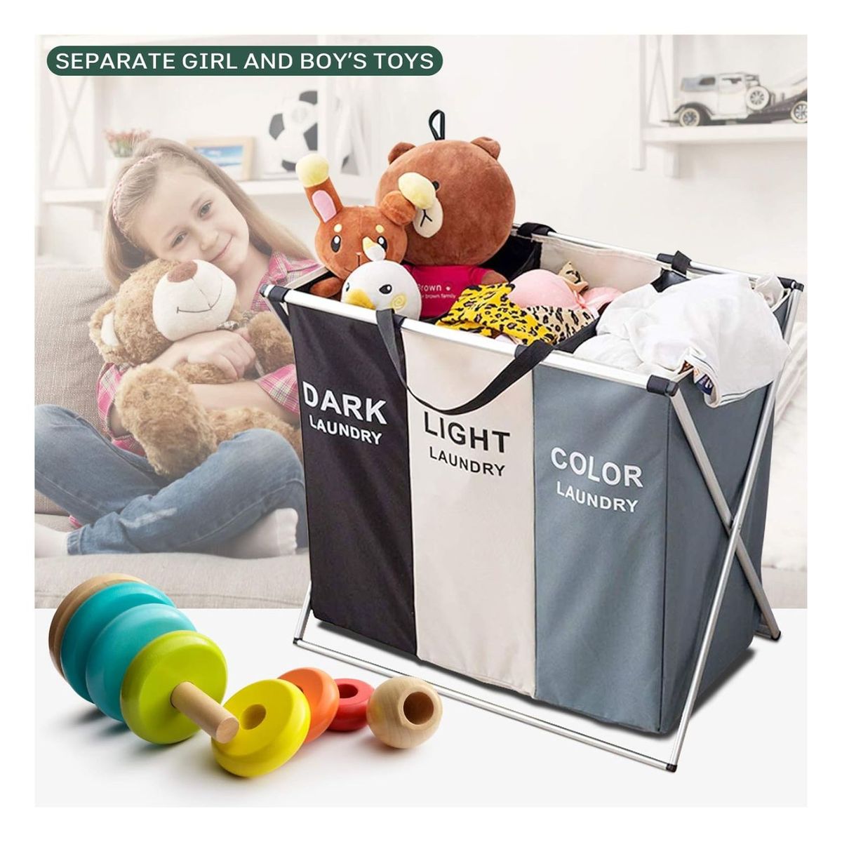 GENERICO - Cesta De Lavandería Plegable Para Tres Juguetes Con Estante