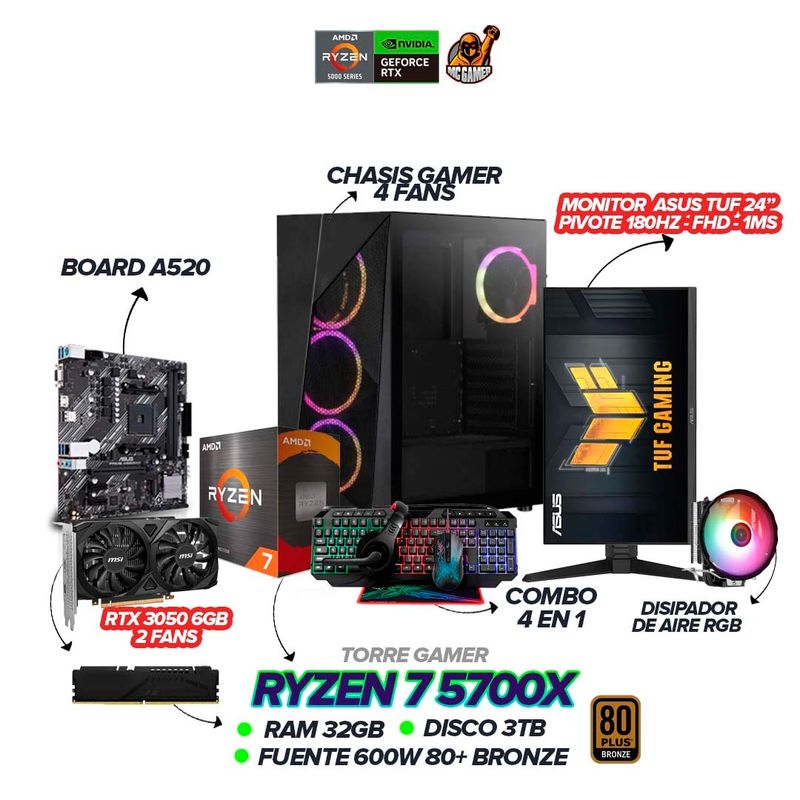 AMD - Pc Gamer Ryzen 7 5700X / RTX 3050 6GB / 32GB RAM / 3TB SSD / Monitor 24” 180Hz