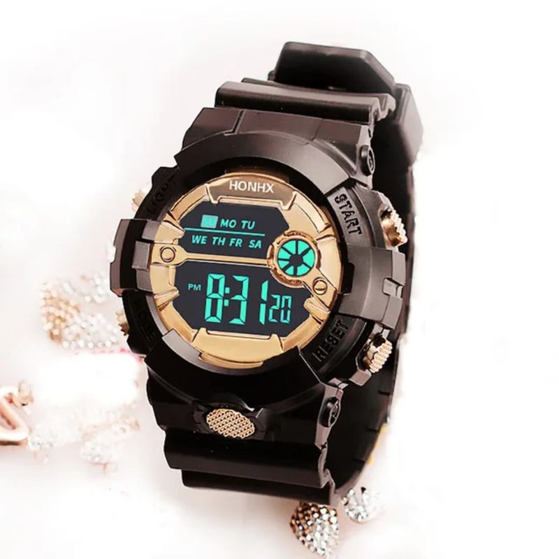 GENERICO - RELOJ NEGRO DORADO REDONDO DIGITAL DEPORTIVO PARA MUJER + CAJA