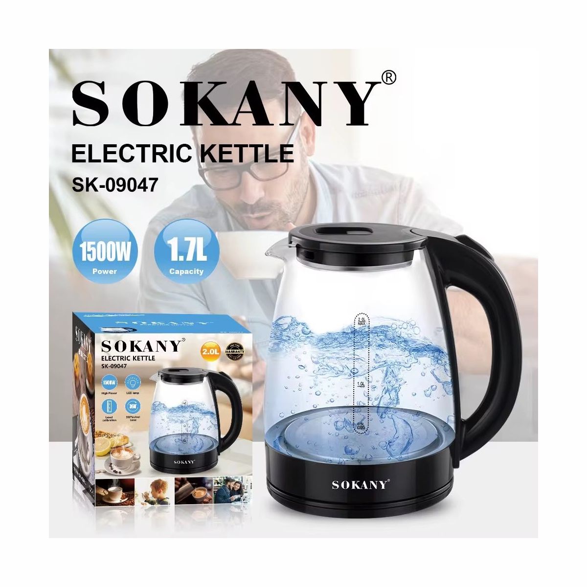 SOKANY - Hervidor de Agua Eléctrico Sokany Jarra de Vidrio