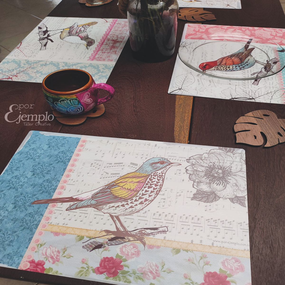 POR EJEMPLO DISEÑO Y DECORACION - 4 Individuales De Mesa Aves Vintage