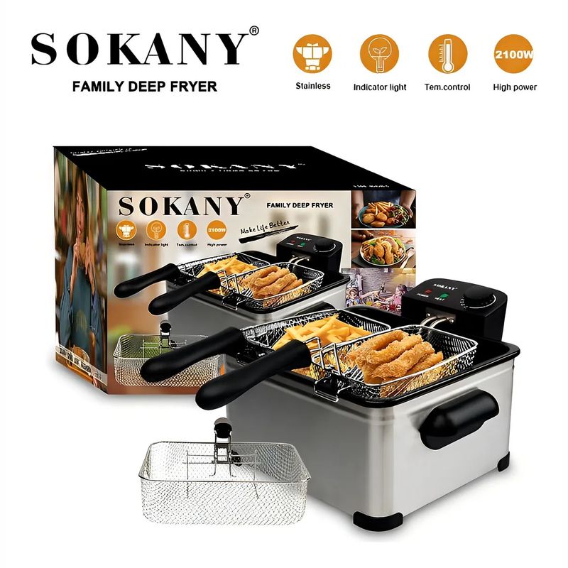 SOKANY - Freidora De Aceite Eléctrica 2 Cestas En Acero 5l SOKANY