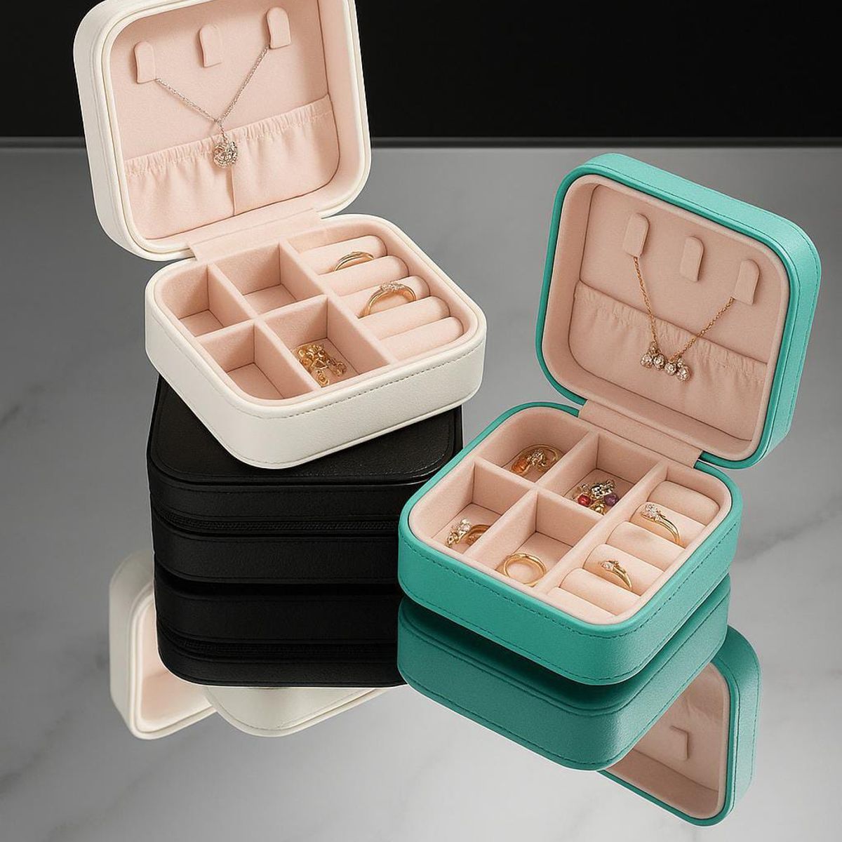 GENERICO - Joyero Portátil Cuero Organizador de Anillos Collares y Aretes Blanco