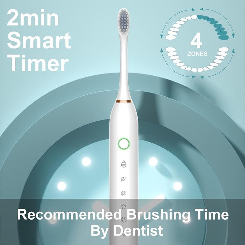 SUN PRO - Paquete de 2 cepillos de dientes eléctricos sónicos temporizador 8 cabezales negro y rosa