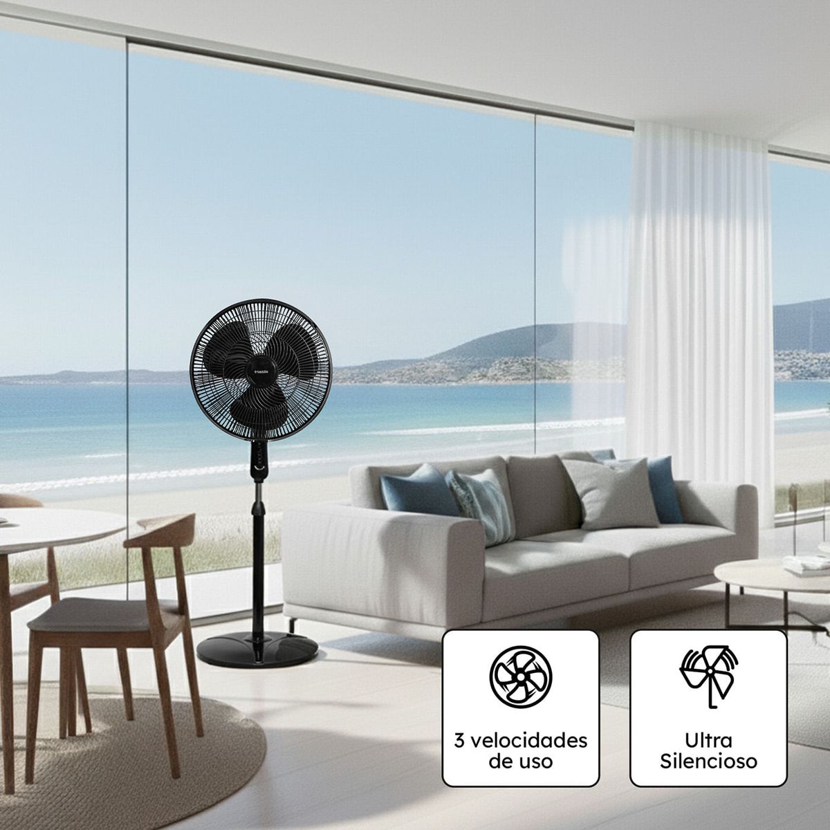 TEZZIO - Ventilador de Pedestal 16” Tri Aspa Tezzio – 6 Aspas, 3 Velocidades, Oscilación Silenciosa
