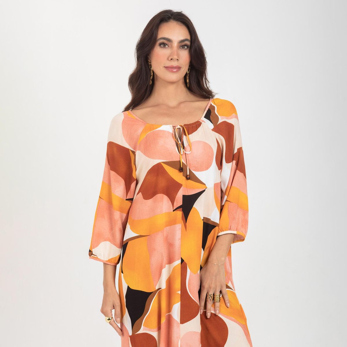 ADRISSA - VESTIDO ESTAMPADO NARANJA PARA MUJER ESCOTE SEMI BANDEJA ADRISSA