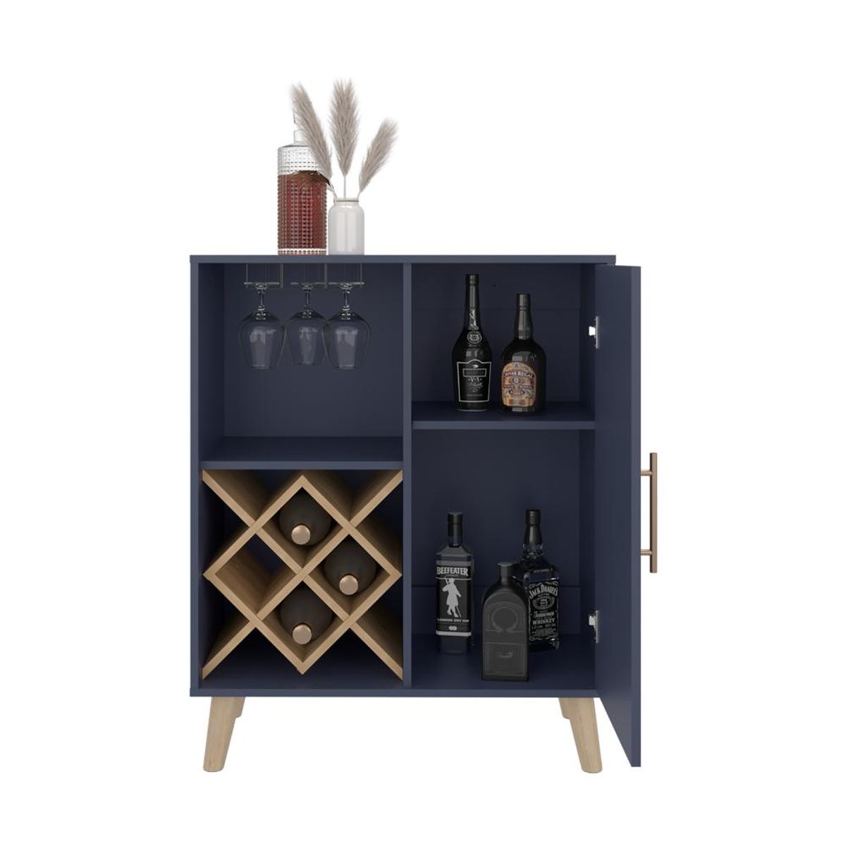 RTA DESIGN - Bar Cave Love Azul y Kronos Fresno con Espacio Para Botellas y Porta Copas