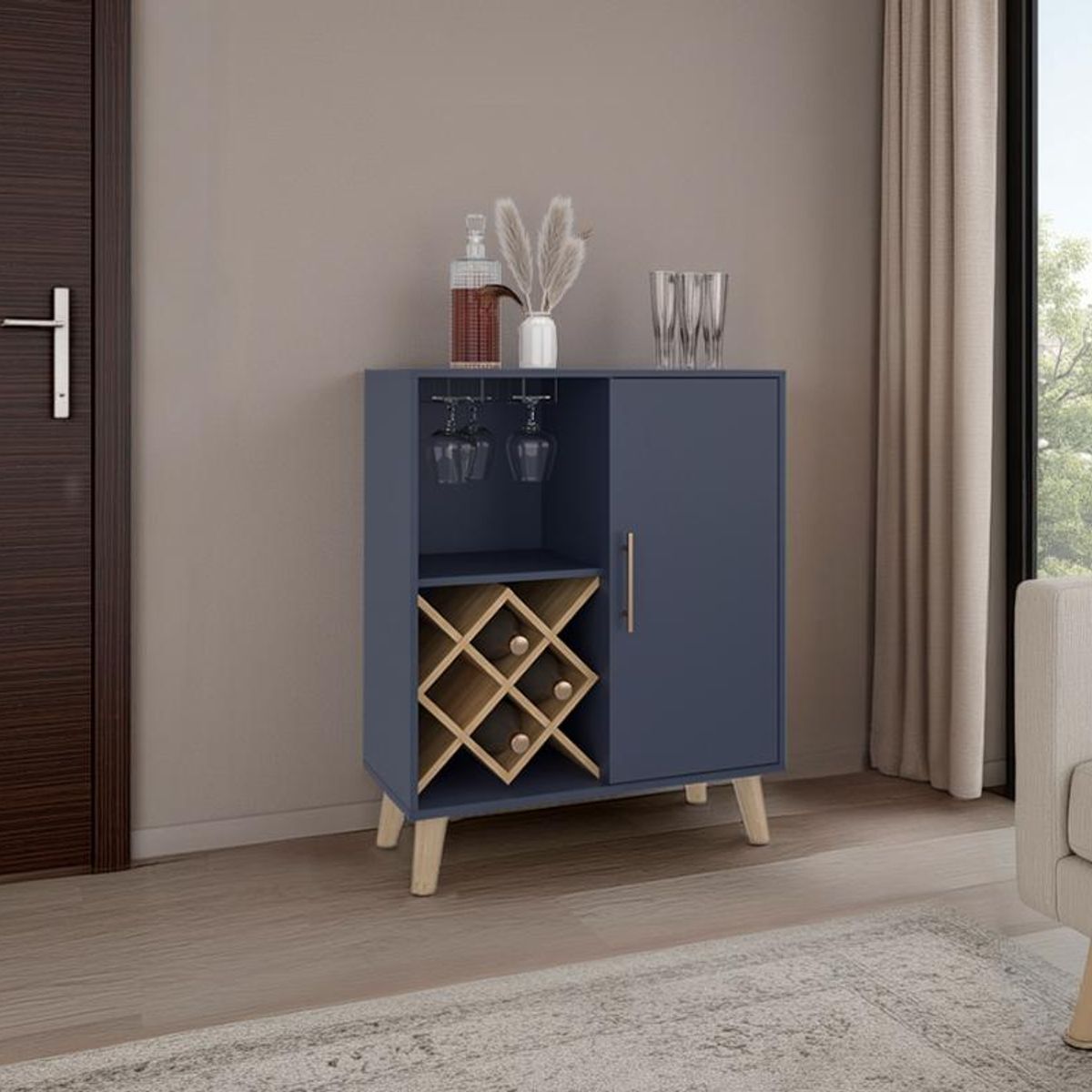 RTA DESIGN - Bar Cave Love Azul y Kronos Fresno con Espacio Para Botellas y Porta Copas