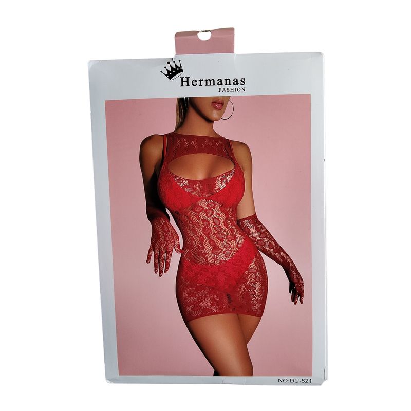 GENERICO - Malla Vestido Lencería erótica Negro Baby Doll Con Guantes