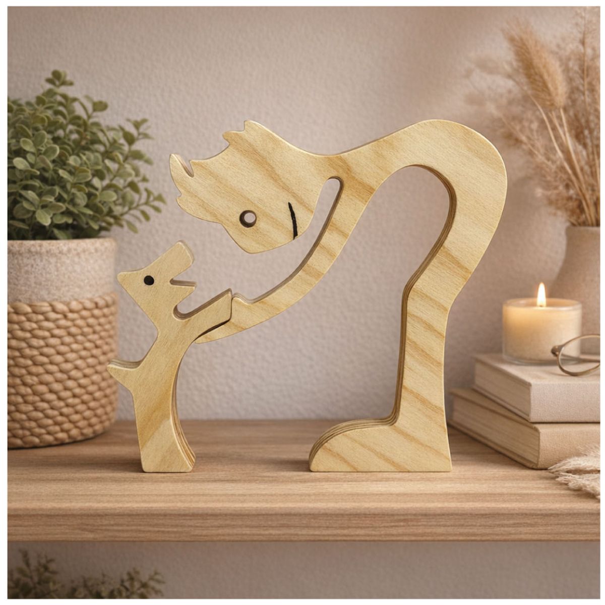 GENERICO - Figura Decorativa de Madera Hombre y Perro  Diseño Artesanal