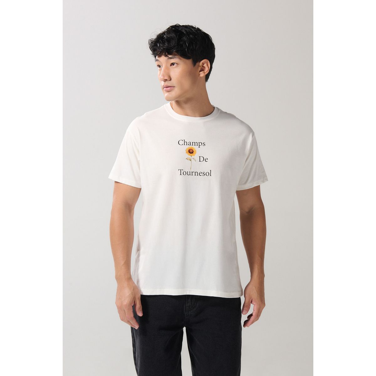 KOAJ - KOAJ Camiseta unicolor cuello redondo con arte floral en fre Hombre