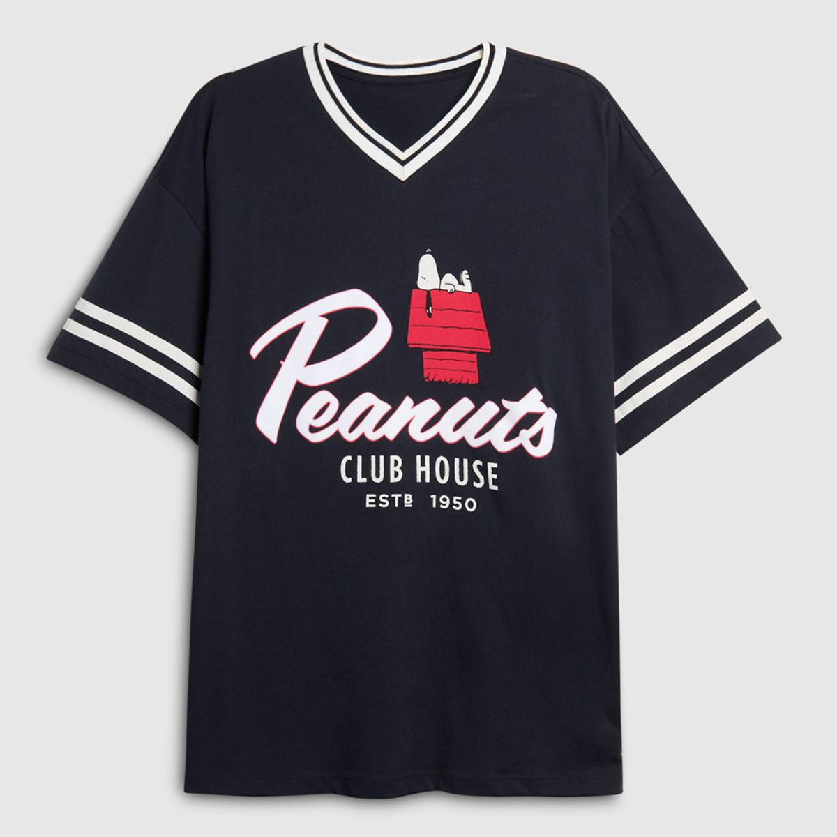 KOAJ - KOAJ Camiseta oversize azul cuello V con diseño de Snoopy Hombre