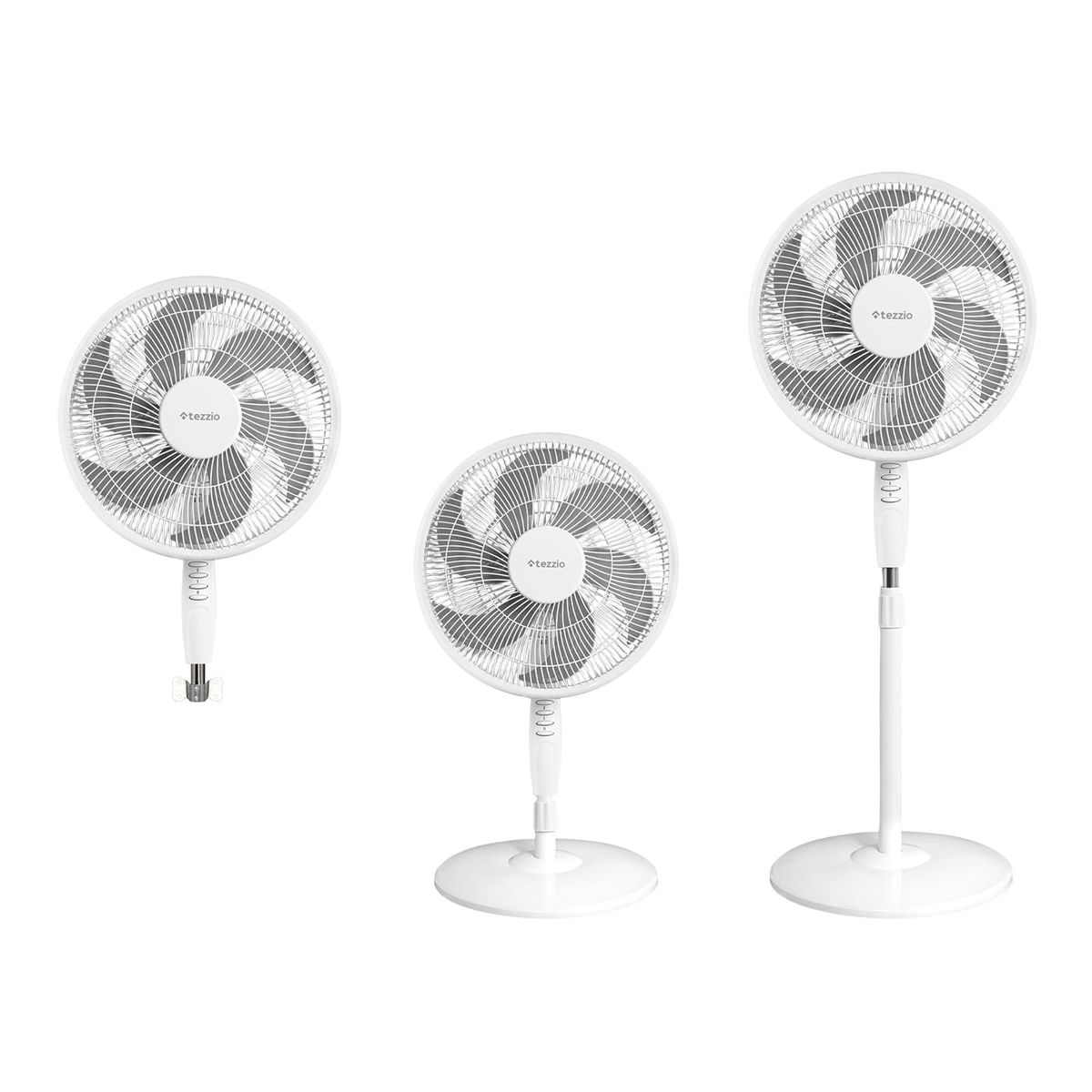 TEZZIO - Ventilador Blanco 16” 3 en 1 Pared, Mesa y Pedestal con Oscilación Silenciosa
