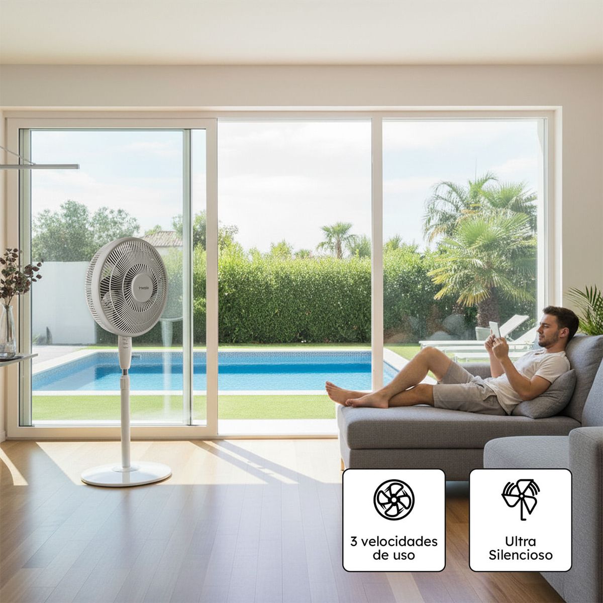 TEZZIO - Ventilador Blanco 16” 3 en 1 Pared, Mesa y Pedestal con Oscilación Silenciosa