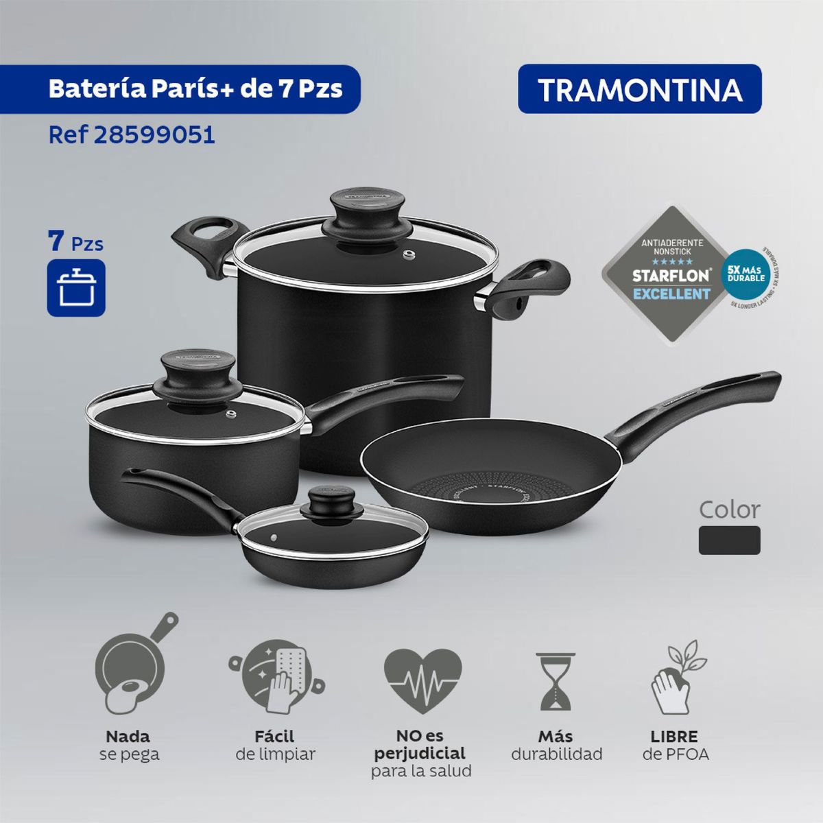 TRAMONTINA - Batería de Cocina Tramontina Paris+ en Aluminio con Revestimiento Interno y Externo de Antiadherente Starflon Excellent Negro 07 Piezas